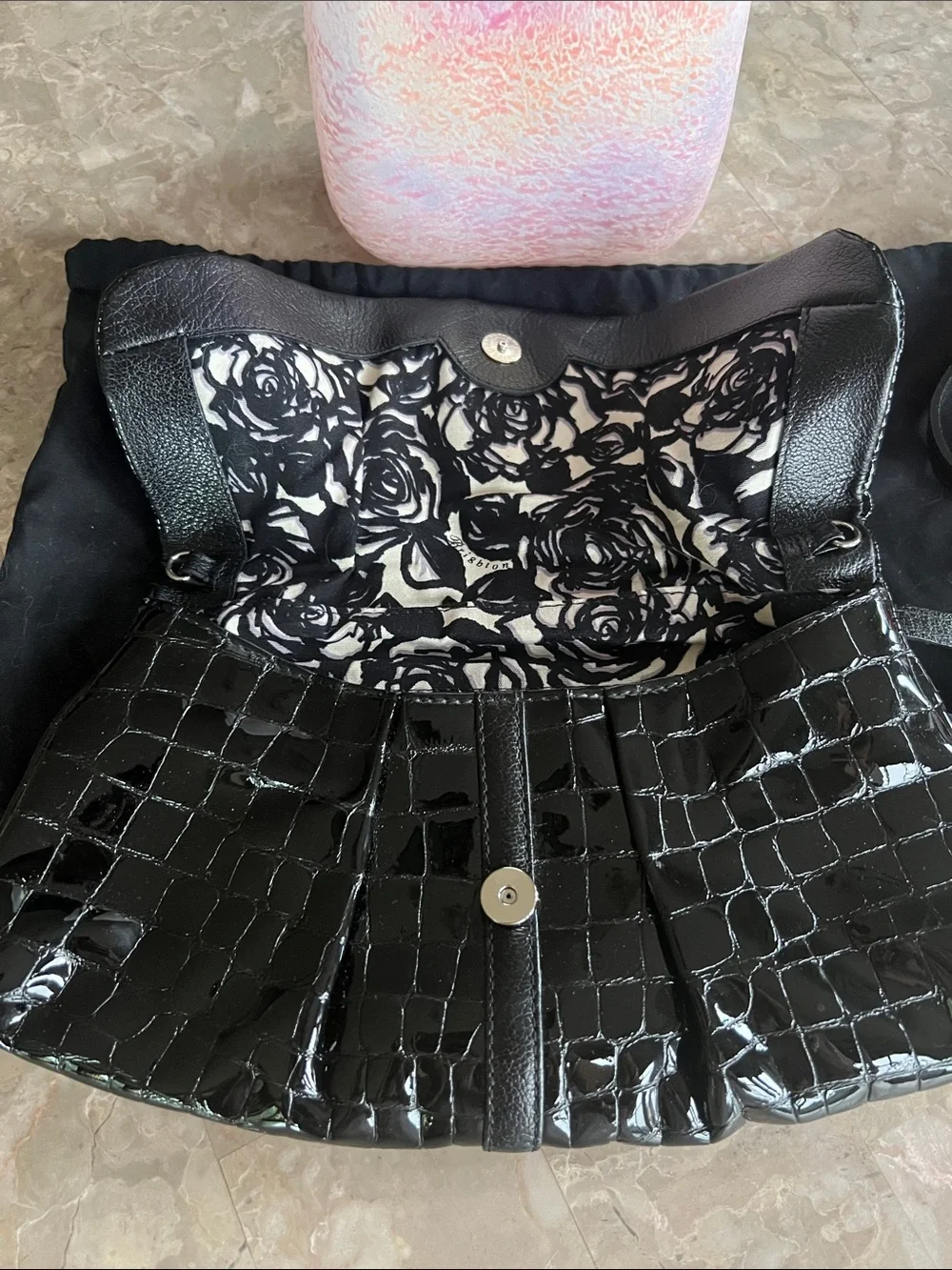 Brighton Black Croc-Embossed Patent Clutch/Crossbody with Silver Accents - Picture 6 of 8